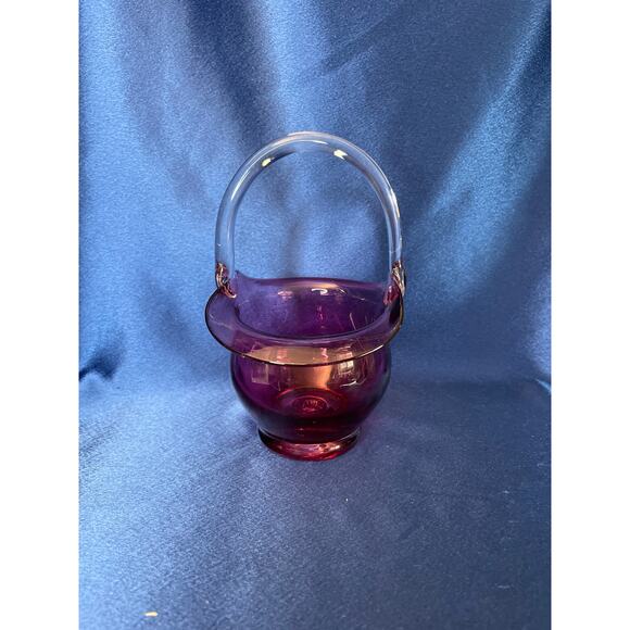 Pilgrim Art Glass Cranberry Basket with Clear Handle - Picture 2 of 7